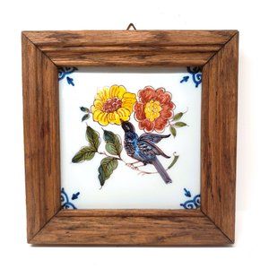 Tichelaar Tile Dutch Delft Makkum Blue Bird Flower Framed Frisian Vintage